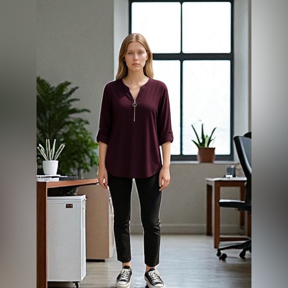 NWT PerSeption Concept Elegant Burgundy Blouse with Zipper Detail